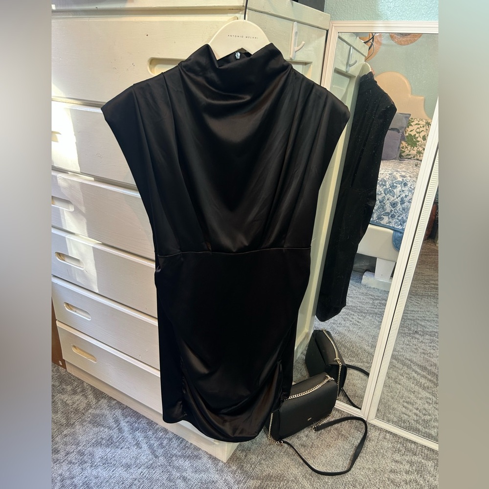Elegant satin high draped neckline ruched silk like black semi formal dress✨